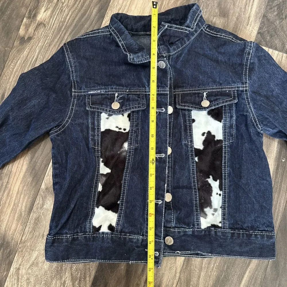 Y2K Denim Jacket Cowhide Panel Western Trucker Dark Wash No Tag Fits Small Read!